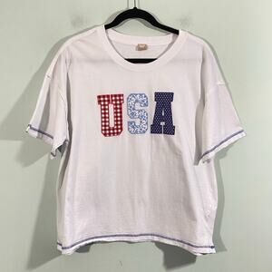 Messy Bun Just Chillin Women White USA Quilt Patchwork S/S Tee Size XL